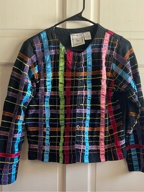 Michael Simon Black Top with Pink, Blue and Purple Ribbon Accents